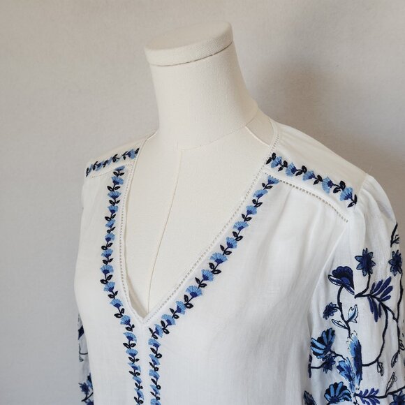 Sundance Chinoiserie Floral Bird Embroidered Boho Top Puff-Sleeve White Blue - Picture 8 of 13